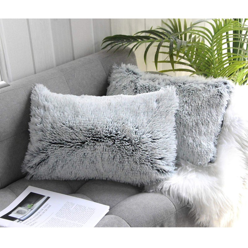 Uhomy 2 Packs Fluffy Accent Pillows Cover 20"x12", Soft Gray Ombre Faux Fur Throw Pillow Case, Modern Luxury Decorative Square Cushion Cover for Farmhouse Home Decor for Sofa/Bed/Chair, 50x30cm - Image 1