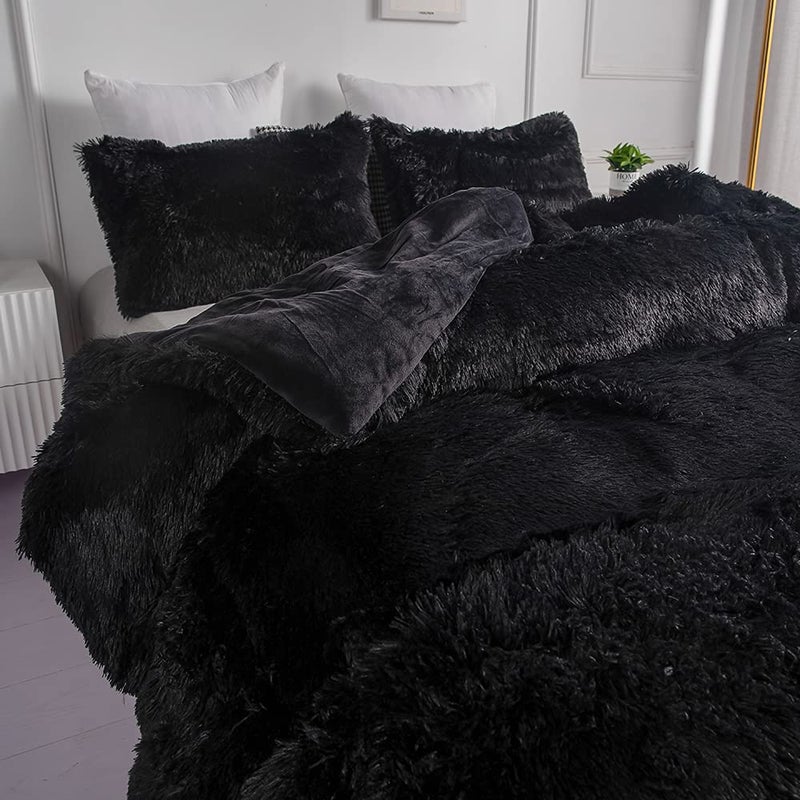 chovy Faux Fur Plush Black Comforter Sets Full/Queen - Ultra Soft Shaggy Flannel Velvet Fluffy Fuzzy 3PC Bedding Set ï¼ˆComforter x 1 Pillowcases x 2ï¼‰ 1 - Image 5