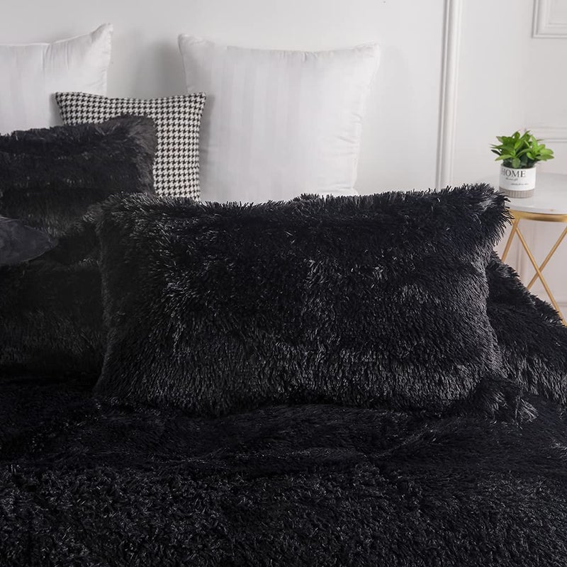 chovy Faux Fur Plush Black Comforter Sets Full/Queen - Ultra Soft Shaggy Flannel Velvet Fluffy Fuzzy 3PC Bedding Set ï¼ˆComforter x 1 Pillowcases x 2ï¼‰ 1 - Image 3