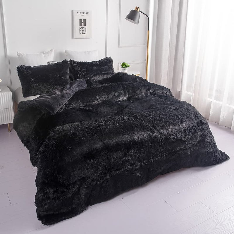 chovy Faux Fur Plush Black Comforter Sets Full/Queen - Ultra Soft Shaggy Flannel Velvet Fluffy Fuzzy 3PC Bedding Set ï¼ˆComforter x 1 Pillowcases x 2ï¼‰ 1 - Image 2