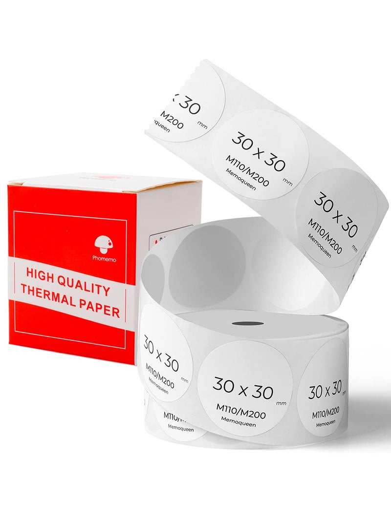 Memoqueen Phomemo 1.18" Adhesive Round Labels, Sticker White Circle Labels Compatible with Phomemo M110/M220/M100/M250/M102/M221, Multi-Purpose for Business, Kitchen, Office, Study (200 Pieces/1 Roll) - Image 1