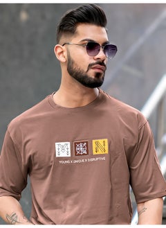 Maniac Mens Printed Round Neck 3/4th Sleeve Dusty Pink Cotton T-Shirt  - Image 1