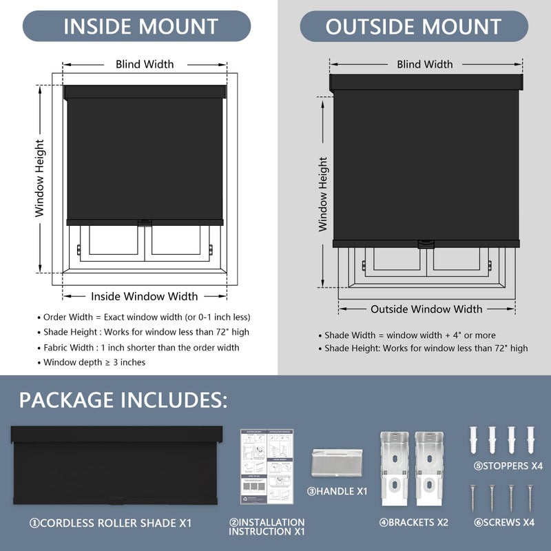 AOSKY Blackout Roller Shades Cordless Blinds for Windows, Free-Stop Shades with Valance, Thermal Insulated Fabric, UV Protection, Natural Woven Blinds for Home and Office (20" W x 72" H, Black) - Image 5