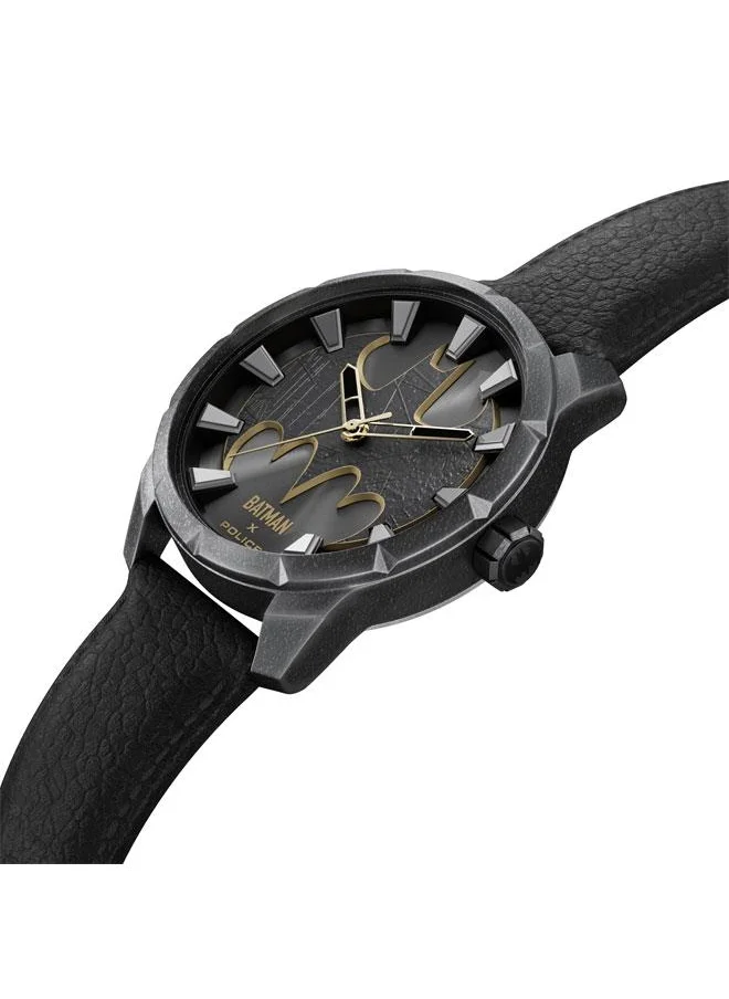 POLICE The Bat Men's 45mm Analog Watch with Antique Ion-Plated Gun Dial, Batman Logo & Genuine Leather Strap