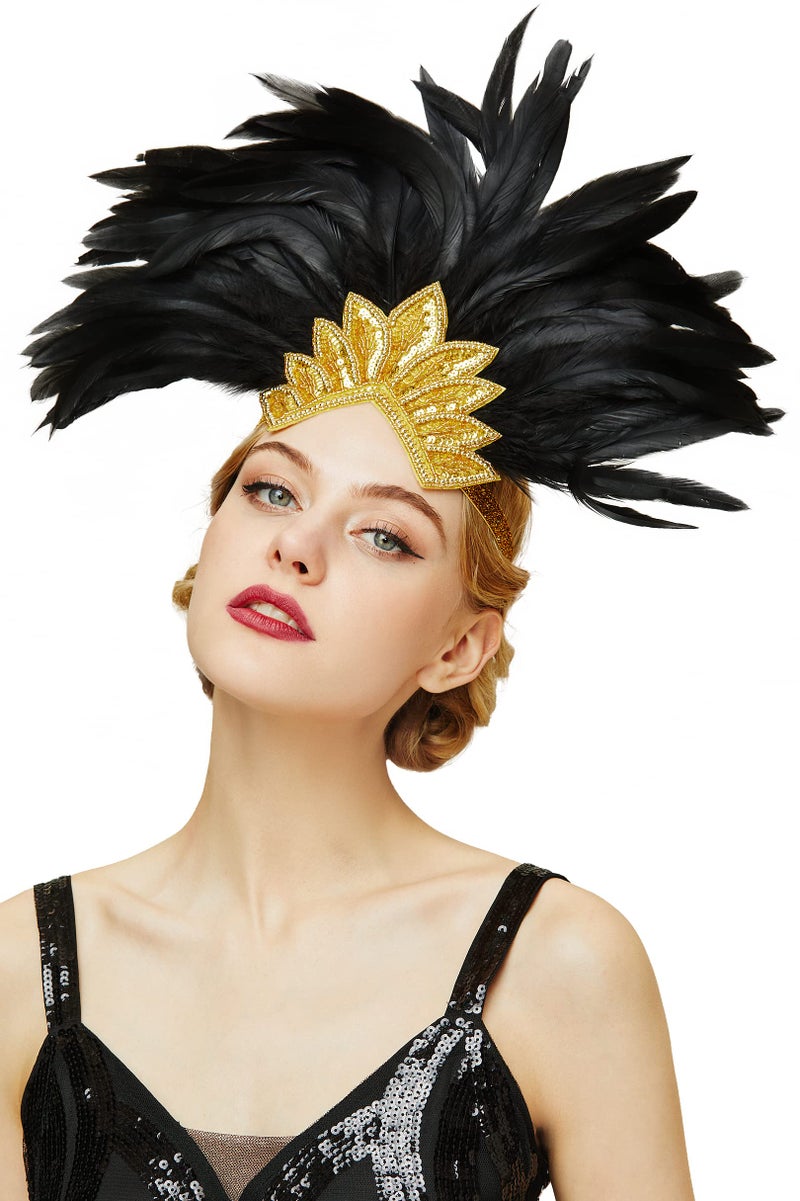 BABEYOND Carnival Feather Headpiece Showgirl Pageant Headband Womens 1920s Flapper Headband Gold Crystal