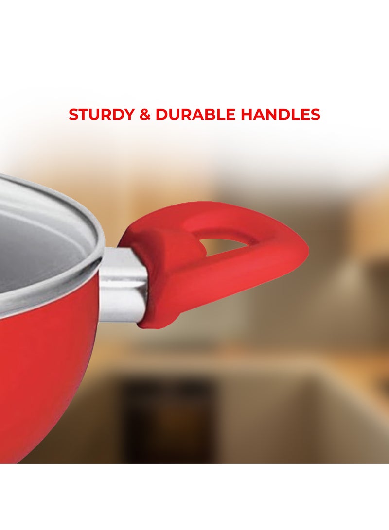26cm Non-Stick Wok Pan with Lid Red/Black - Multi-layer non-stick interior, Silicone polyester exterior, Easy clean, Vibrant color, and PFOA Free.