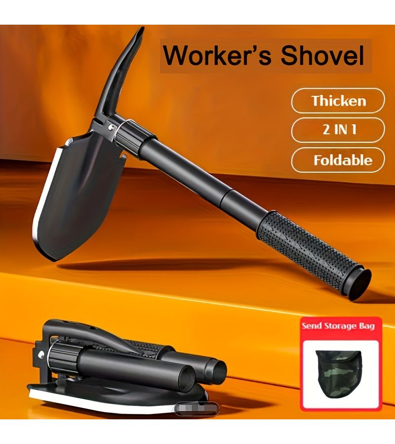 Tactical Folding Shovel with Survival Saw Pickaxe and Bag Black Multi Purpose Tool for Camping Hiking Outdoor Adventures Durable Stainless Steel Construction - Image 1