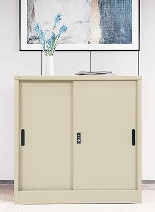 RIGID Steel Sliding Door Cupboard Low Hight Steel Filing Cabinet with Shelves Storage (Beige) - Image 1