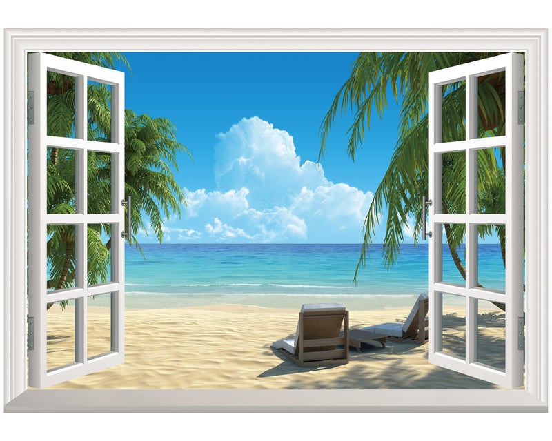FLFK Fake Window Wall Sticker - Summer Beach Faux Window Wall Mural for Wall Decor, Stick and Peel Wall Decals,16"x24" - Image 1