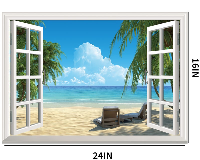 FLFK Fake Window Wall Sticker - Summer Beach Faux Window Wall Mural for Wall Decor, Stick and Peel Wall Decals,16"x24" - Image 2