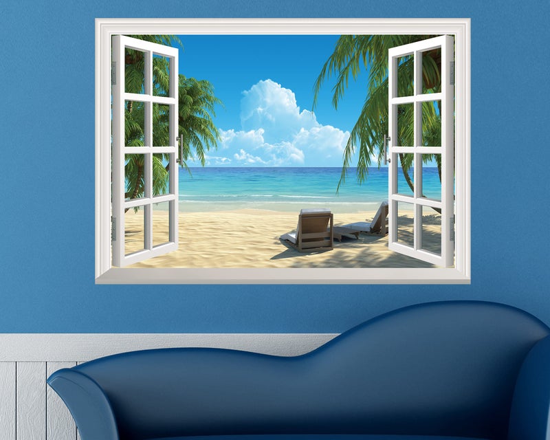 FLFK Fake Window Wall Sticker - Summer Beach Faux Window Wall Mural for Wall Decor, Stick and Peel Wall Decals,16"x24" - Image 3