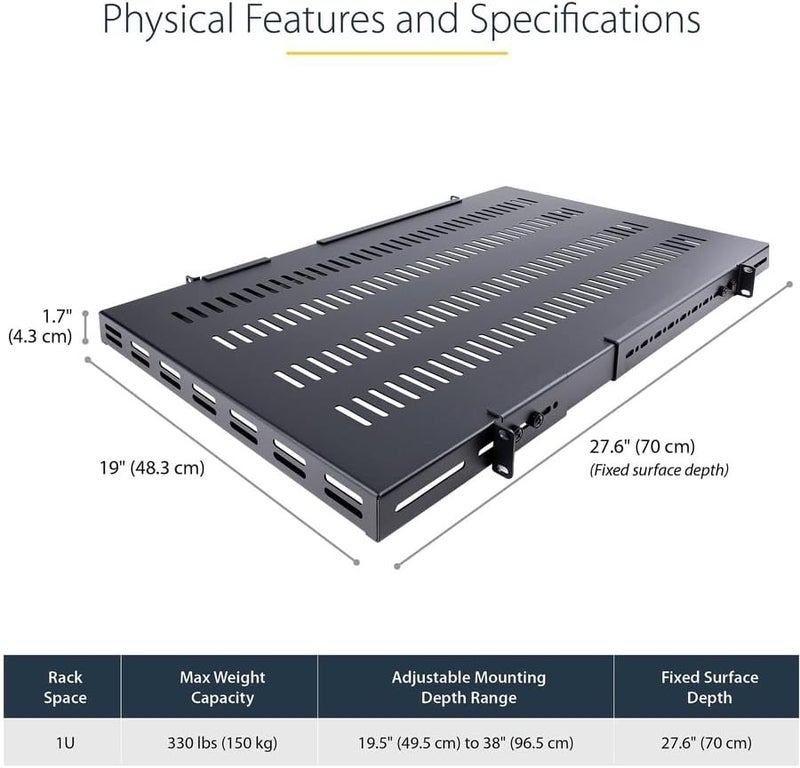 StarTechcom 1U 4Post Adjustable Vented Server Rack Mount Shelf  330lbs150 kg  195 to 38in Adjustable Mounting Depth Universal Tray 19 AV Network Equipment Rack  275in Deep ADJSHELFHDV - Image 2