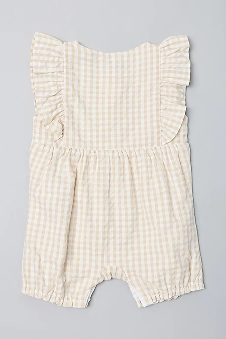 أر أند بي Checked Romper with Crew Neck and Flutter Sleeves