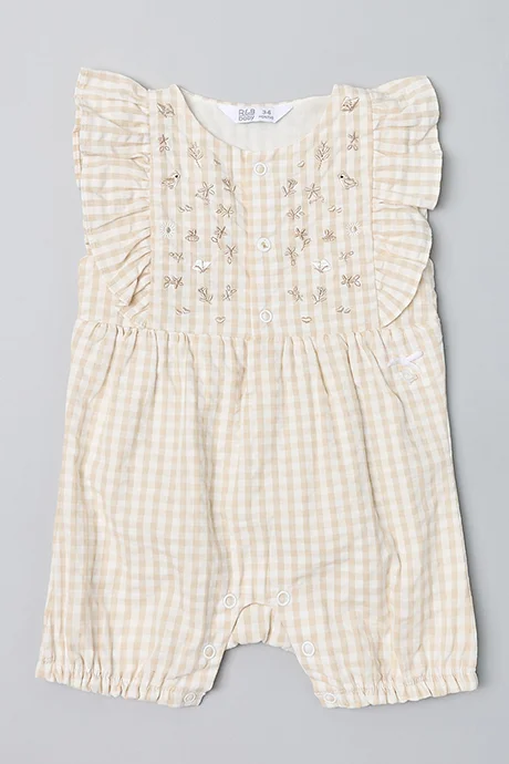 أر أند بي Checked Romper with Crew Neck and Flutter Sleeves