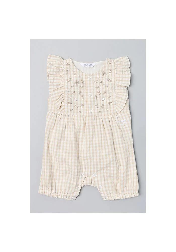 أر أند بي Checked Romper with Crew Neck and Flutter Sleeves