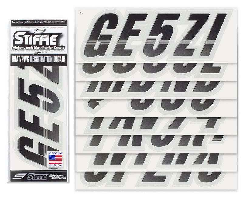 STIFFIE Techtron Black/Silver 3" Alpha-Numeric Registration Identification Numbers Stickers Decals for Boats & Personal Watercraft - Image 2