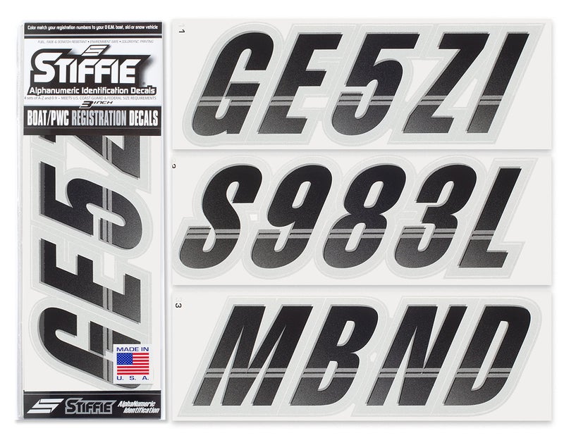 STIFFIE Techtron Black/Silver 3" Alpha-Numeric Registration Identification Numbers Stickers Decals for Boats & Personal Watercraft - Image 1