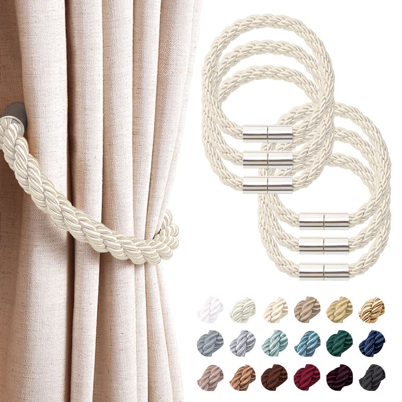 NICEEC 6 Pack Strong Magnetic Curtain Tiebacks Modern Simple Style Drape Tie Backs Convenient Decorative Weave Rope Curtain Holdbacks for Thin or Thick Home Office Window Draperies Beige