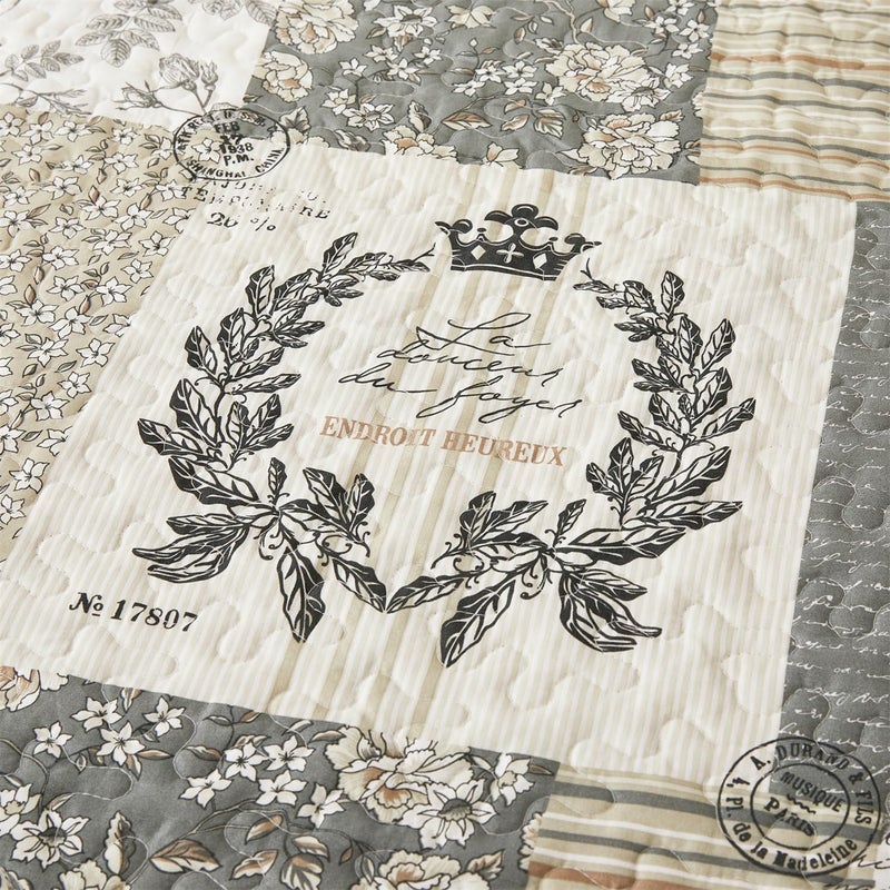 Cmfshape Floral Quilt King,3 Piece Bird Pattern Bedspread Set,Grey Plaid Farmhouse Reversible Bed Quilt for All Season,Country Quilted Blanket(Grey&White,King102 x90) - Image 4