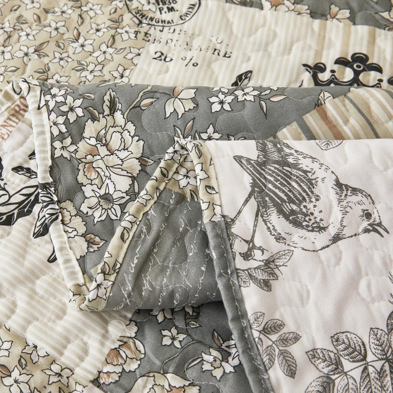 Cmfshape Floral Quilt King,3 Piece Bird Pattern Bedspread Set,Grey Plaid Farmhouse Reversible Bed Quilt for All Season,Country Quilted Blanket(Grey&White,King102 x90) - Image 5