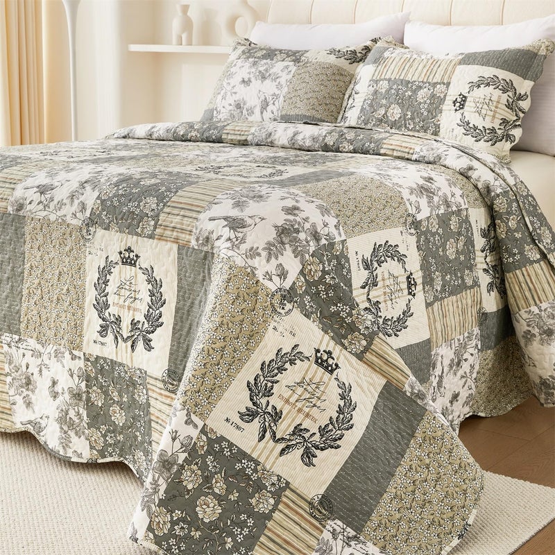Cmfshape Floral Quilt King,3 Piece Bird Pattern Bedspread Set,Grey Plaid Farmhouse Reversible Bed Quilt for All Season,Country Quilted Blanket(Grey&White,King102 x90) - Image 1