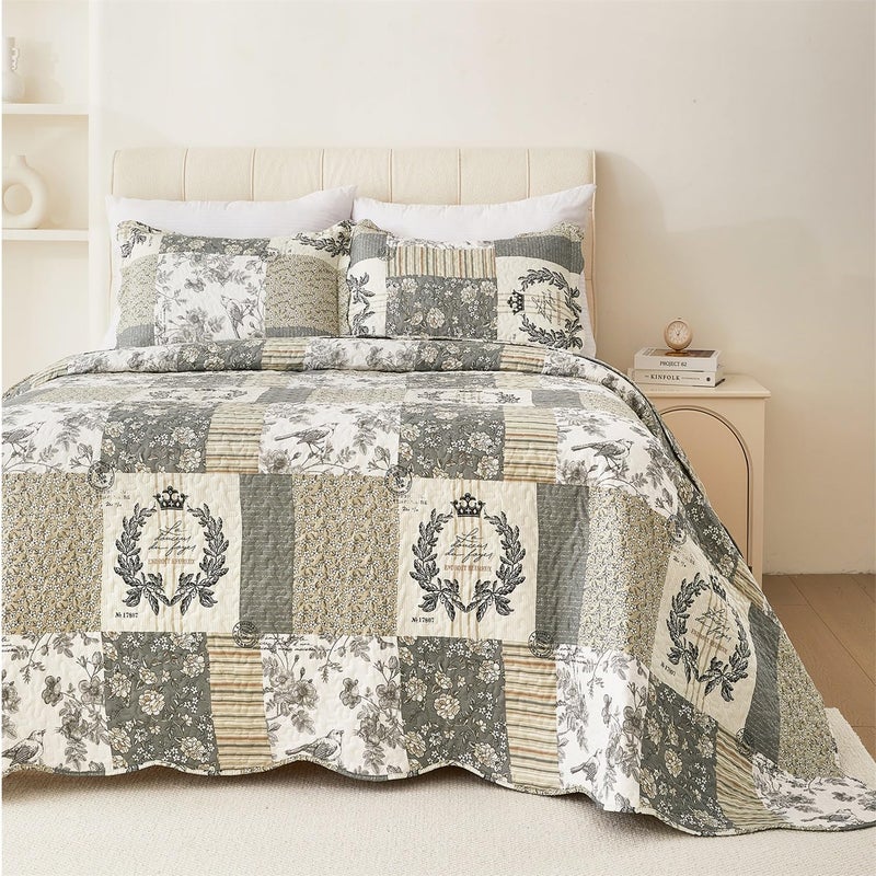 Cmfshape Floral Quilt King,3 Piece Bird Pattern Bedspread Set,Grey Plaid Farmhouse Reversible Bed Quilt for All Season,Country Quilted Blanket(Grey&White,King102 x90) - Image 2