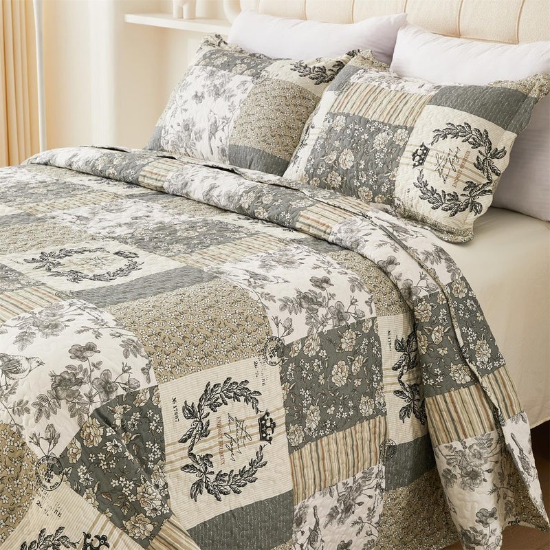 Cmfshape Floral Quilt King,3 Piece Bird Pattern Bedspread Set,Grey Plaid Farmhouse Reversible Bed Quilt for All Season,Country Quilted Blanket(Grey&White,King102 x90) - Image 3