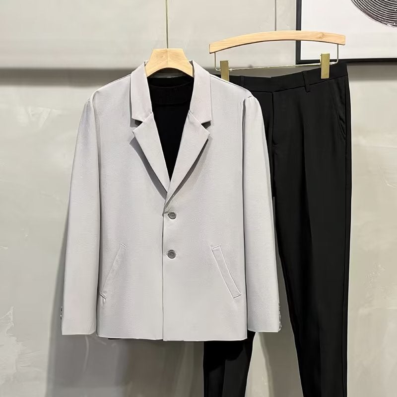 Mens Casual Blazer Spring Autumn Fashion Loose Black Suit Light gray  - Image 1