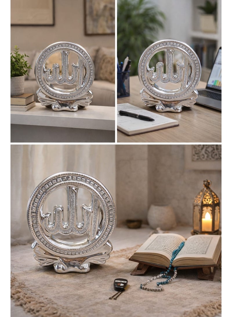 A breathtaking spiritual masterpiece featuring the sacred name of "Allah" enclosed in a sparkling circular frame. This metallic silver decor piece combines modern craftsmanship with traditional calligraphy, resting on an elegant, flowing base. - Image 2