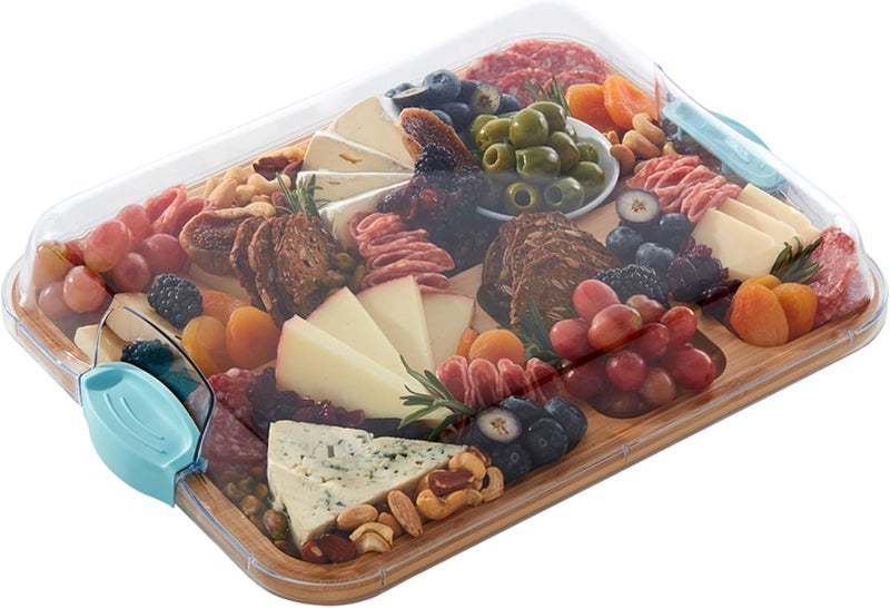 Farberware BuildABoard Bamboo Cutting Board with Builtin Compartments and Clear Locking Lid with Blue Handles Perfect for Charcuterie Snacks and More - Image 1