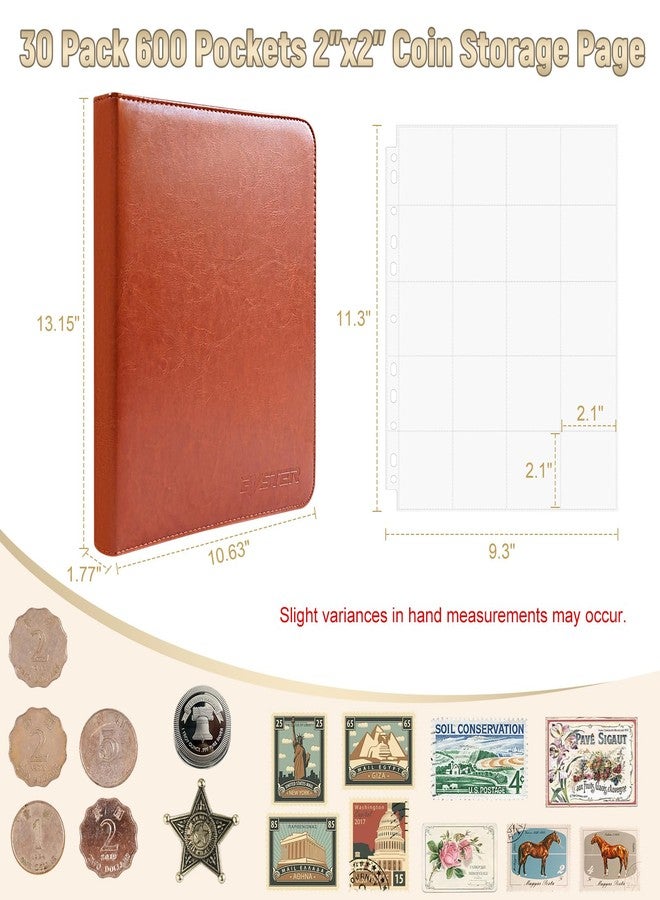 BYSTER Coin Collection Book, 30 Pack 600 Pockets Coin Sleeves, Coin Collection Holder Album, Coin Collection Organizer Storage Box Case (Coin Flips Not Included), Reddish Brown - Image 2