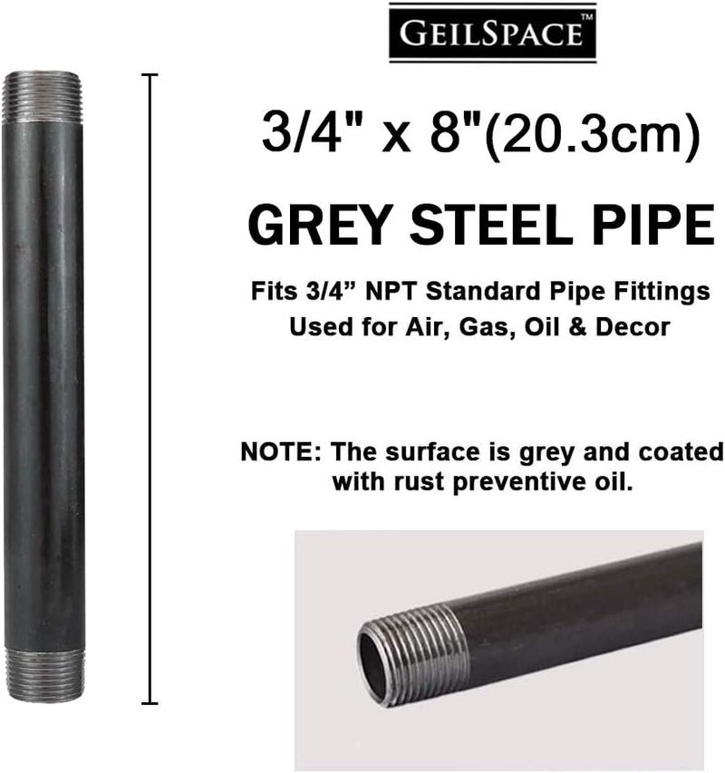GeilSpace 3/4" × 8" Heavy Duty Pre-Cut Grey Metal Pipe, Industrial Steel Fits Standard 3/4 Inch Threaded Pipes and Fittings - Vintage DIY Industrial Shelving (3/4" × 8", Grey) - Image 2