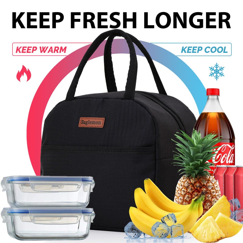 Baglemon Insulated Lunch Bag for Women Men, Lunch Containers Reusable High Capacity Lunch Tote Bags for Work Picnic (Black) - Image 4
