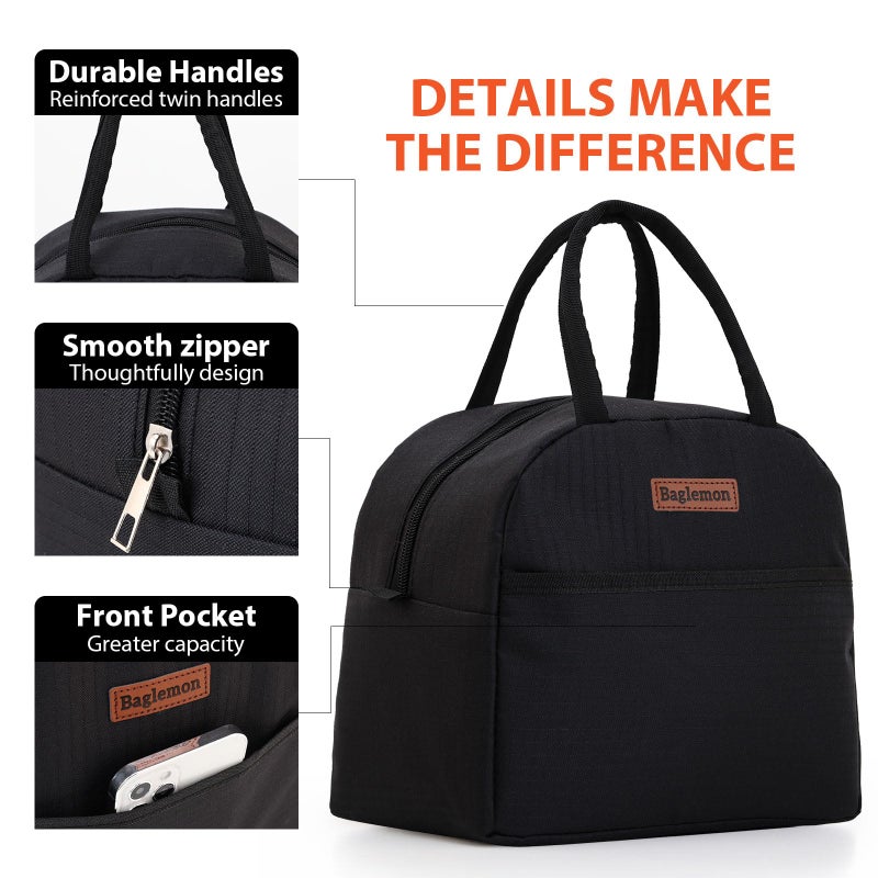 Baglemon Insulated Lunch Bag for Women Men, Lunch Containers Reusable High Capacity Lunch Tote Bags for Work Picnic (Black) - Image 2