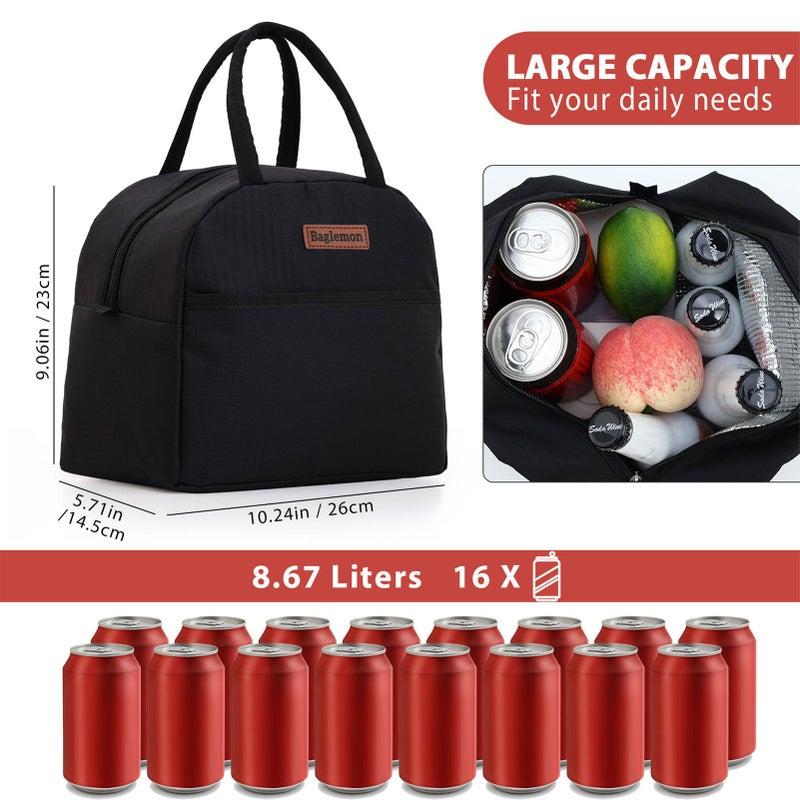 Baglemon Insulated Lunch Bag for Women Men, Lunch Containers Reusable High Capacity Lunch Tote Bags for Work Picnic (Black) - Image 3