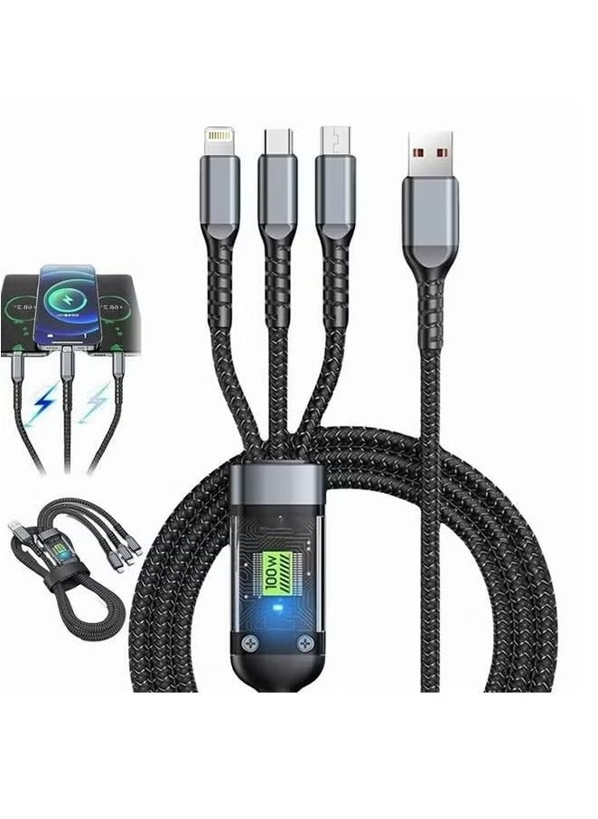 X-level 100W Fast Charging Cable 3 in 1 USB Data Cables Transparent with LED Indicator Nylon Braided Multiple Charger Adapter Cord with Type C Micro USB Port for Cell Phones Tablets  - Image 1