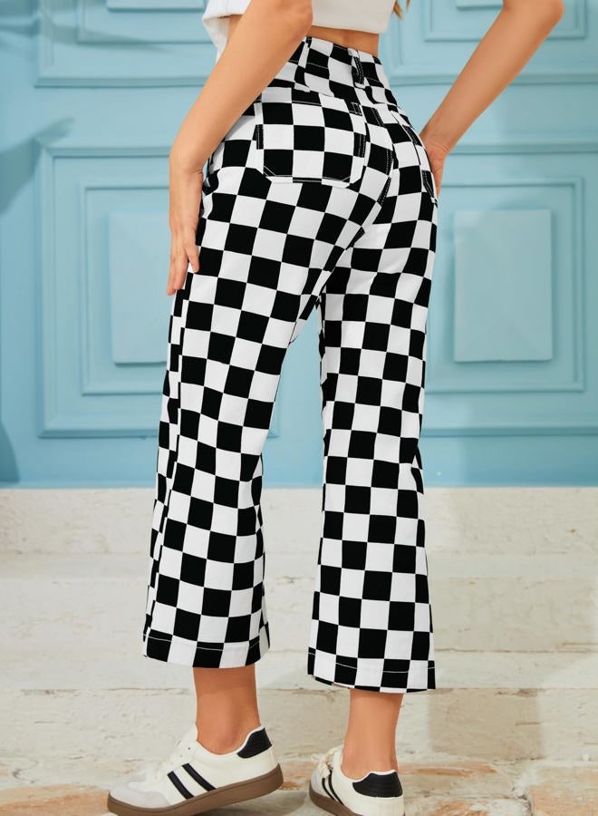 Odefou Cropped Jeans for Women Checkered Pants Casual High Waisted Stretchy Straight Leg Trousers with Pockets, Black and White Checkered, 12 - Image 2