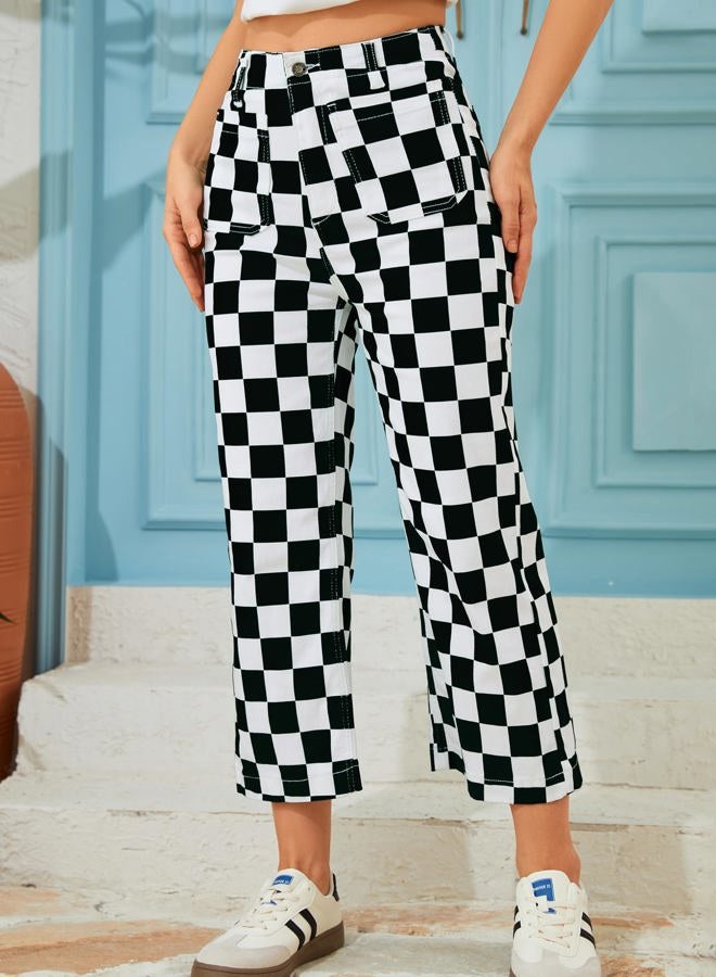 Odefou Cropped Jeans for Women Checkered Pants Casual High Waisted Stretchy Straight Leg Trousers with Pockets, Black and White Checkered, 12 - Image 3