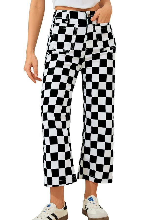 Odefou Cropped Jeans for Women Checkered Pants Casual High Waisted Stretchy Straight Leg Trousers with Pockets, Black and White Checkered, 12 - Image 1