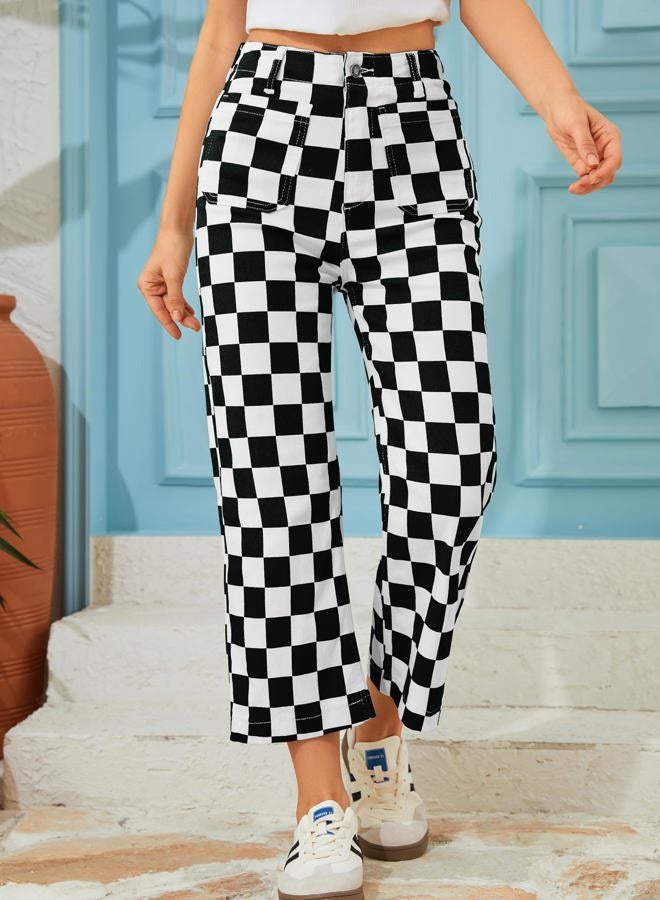 Odefou Cropped Jeans for Women Checkered Pants Casual High Waisted Stretchy Straight Leg Trousers with Pockets, Black and White Checkered, 12 - Image 4