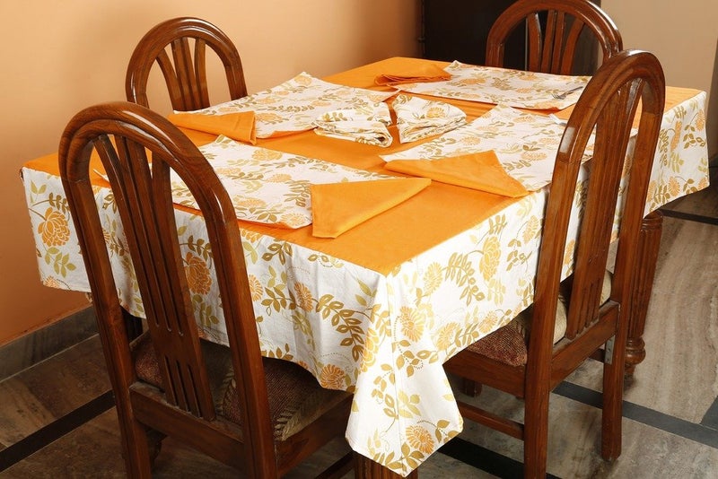 Dekor World Floral Printed Orange Rectangle Table Cover with Place Mat & Napkin (Pack of 25) 150X275 Cm / 60X108 Inches for 8 Seater Dinning Table - Image 1