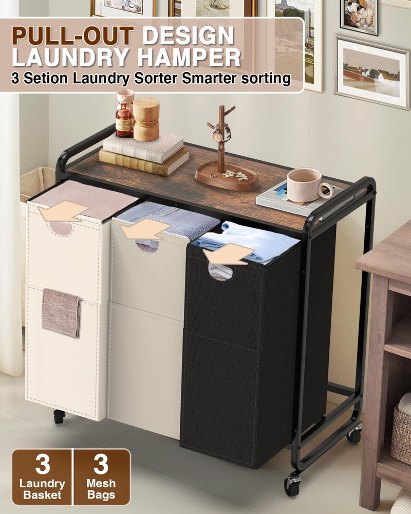 Elowen Laundry Sorter 3 Section,Laundry Basket with Wheels,3Ã—15.8 Gal (60L) Laundry Hamper Organizer with Large Wooden Desktop Sorter,Pull-Out and Removable 900D Oxford Fabric Laundry Bags for Laundry Room - Image 4