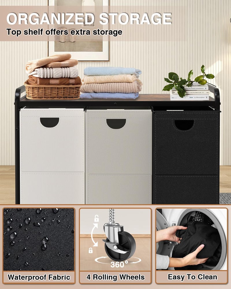 Elowen Laundry Sorter 3 Section,Laundry Basket with Wheels,3Ã—15.8 Gal (60L) Laundry Hamper Organizer with Large Wooden Desktop Sorter,Pull-Out and Removable 900D Oxford Fabric Laundry Bags for Laundry Room - Image 3