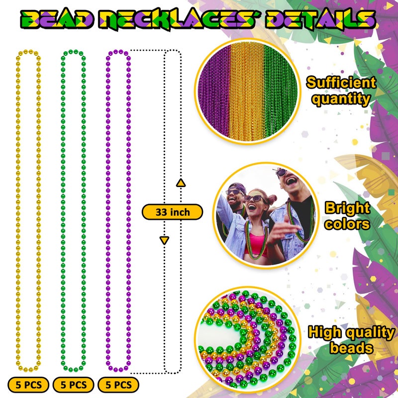 EOBOH 30PCS Mardi Gras Accessories, Green Purple Gold Mardi Gras Beads Necklaces Bulk, Metallic 33" Round Beads Necklace Costumes Decor, Parade Throws Party Decorations Favor Supplies - Image 2