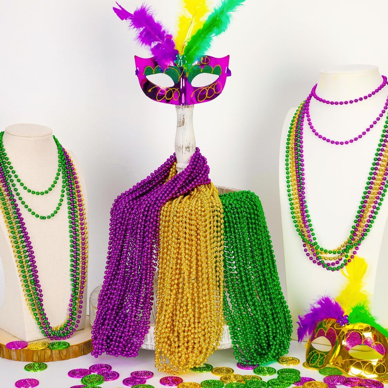 EOBOH 30PCS Mardi Gras Accessories, Green Purple Gold Mardi Gras Beads Necklaces Bulk, Metallic 33" Round Beads Necklace Costumes Decor, Parade Throws Party Decorations Favor Supplies - Image 3