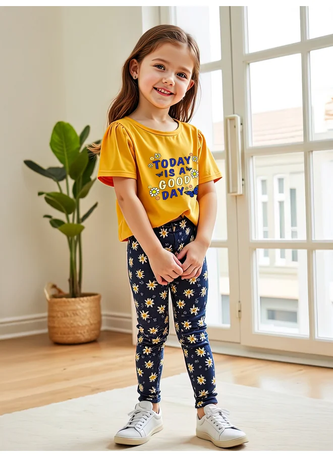 تايك تو Take Two Kids 2pcs Orange Short Sleeve T-Shirt and Floral Leggings Set