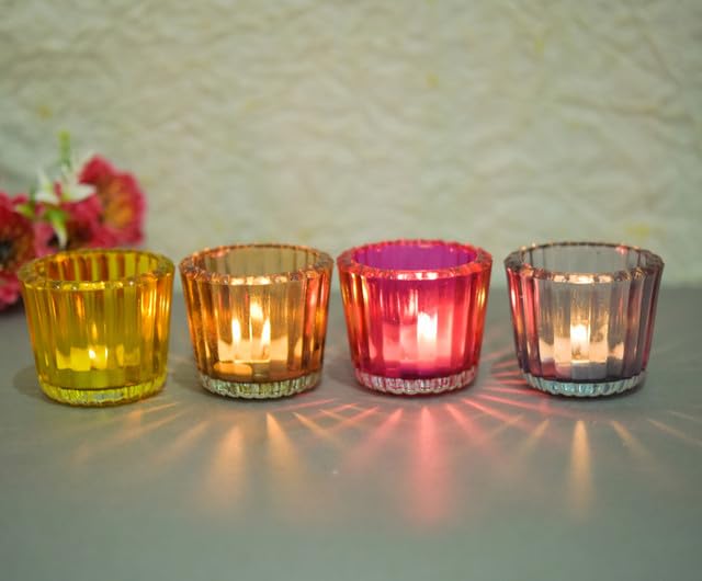 OGGN Glass Ribbed Tealight Holder SetTLight Holder for Diwali Decoration Items Multi Medium Pack of 4 - Image 3