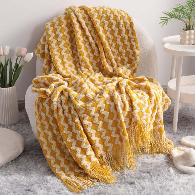 NTBAY NTBAY Acrylic Knitted Oversized 60x80 Twin Throw Blanket Lightweight and Soft Cozy Decorative Woven Blanket with Tassels for Travel Couch Bed Sofa 60x80 Inches Mustard Yellow Wave 