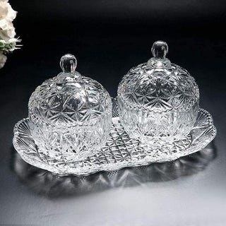 Prachi Enterprise Crystal Candy Jar with Lid Glass Candy Dishes Sugar Bowl Chocolate Cookie Jar Food Containers Wedding Candy Buffet Jar Clear Set of 2 Bowls with Tray - pzsku/Z713827DB68D050B8DA8AZ/45/1748265354/75a62659-4c81-483e-9bff-01e5cdadf6b5