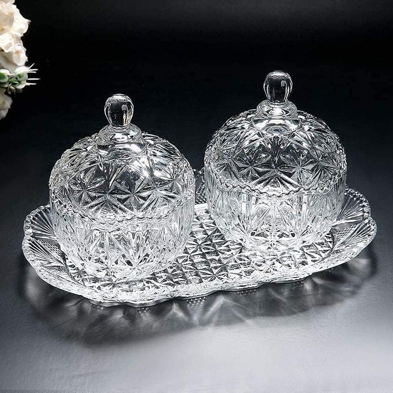 Prachi Enterprise Prachi Enterprise Crystal Candy Jar with Lid Glass Candy Dishes Sugar Bowl Chocolate Cookie Jar Food Containers Wedding Candy Buffet Jar Clear Set of 2 Bowls with Tray  - Image 1